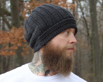 Crochet Pattern for Men's Slouchy Hat, faux knit crochet hat, Crochet Ribbed Textured Slouchy Beanie Skull Cap Knit Look Gray