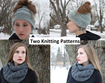 Knitting Pattern for Brooklyn Hat and Scarf Collection, Knit cc hat, knit scarf, knitting for beginners, Knit messy buy, knit pony tail hat