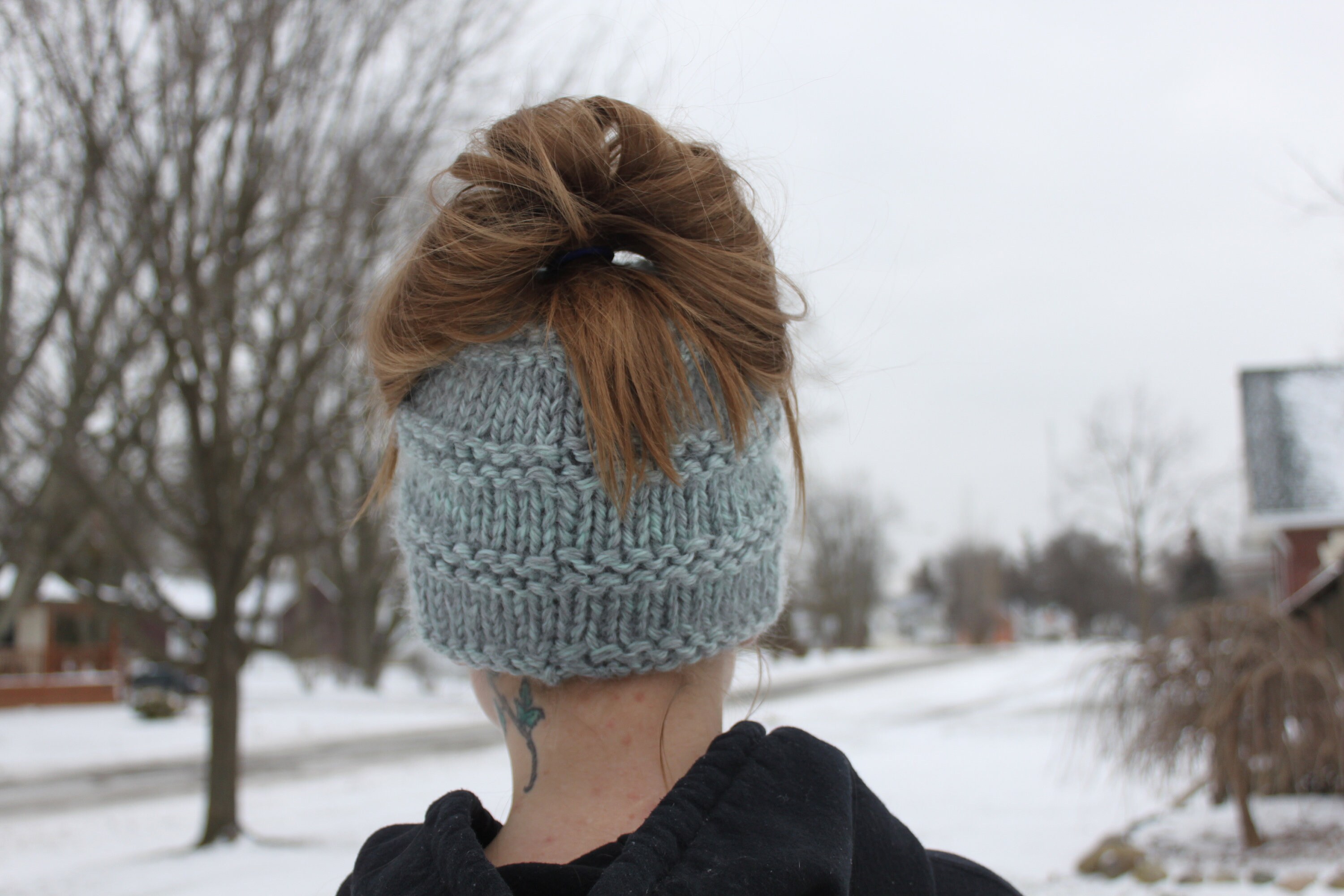 Knitting Pattern for Brooklyn Messy Bun Hat, Knit Pony Tail