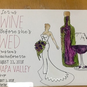 Personalized &quot;Let Us Wine Before She&#39;s Wed&quot; Bachelorette Invitations Watercolor and Powder Embossed