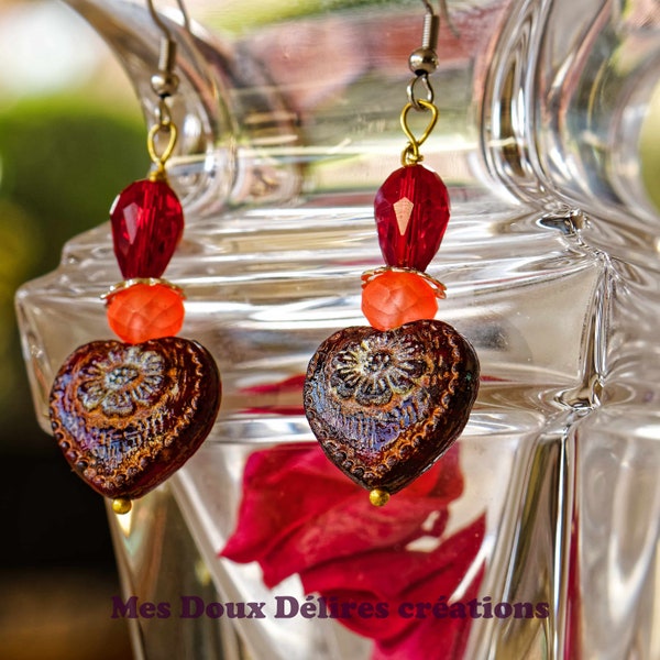 Passion red heart earrings and silver, crystal and Czech glass Valentine's Day, hook, gift for her, sweet price