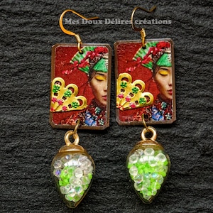 Eternal Feminine Earrings: Asian, Illustrated copper, blown glass jar, unique creation MesDouxDelires