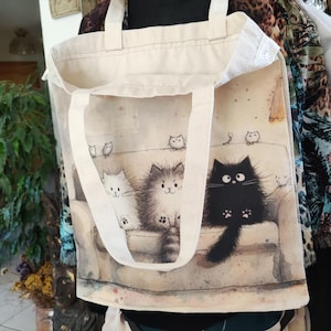 Tote bag humoristique, sac à courses coton beige 40 sur 33 cm, Fan de chats, bord dentelle, anse 50 cm, création MesDouxDelires