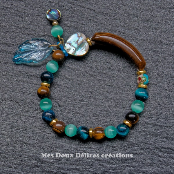 Bracelet unisexe nature, Moire aquatique : pierre fine oeil de tigre et oeil de chat, nacre,  fait main, 19 cm élastique,marron turquoise