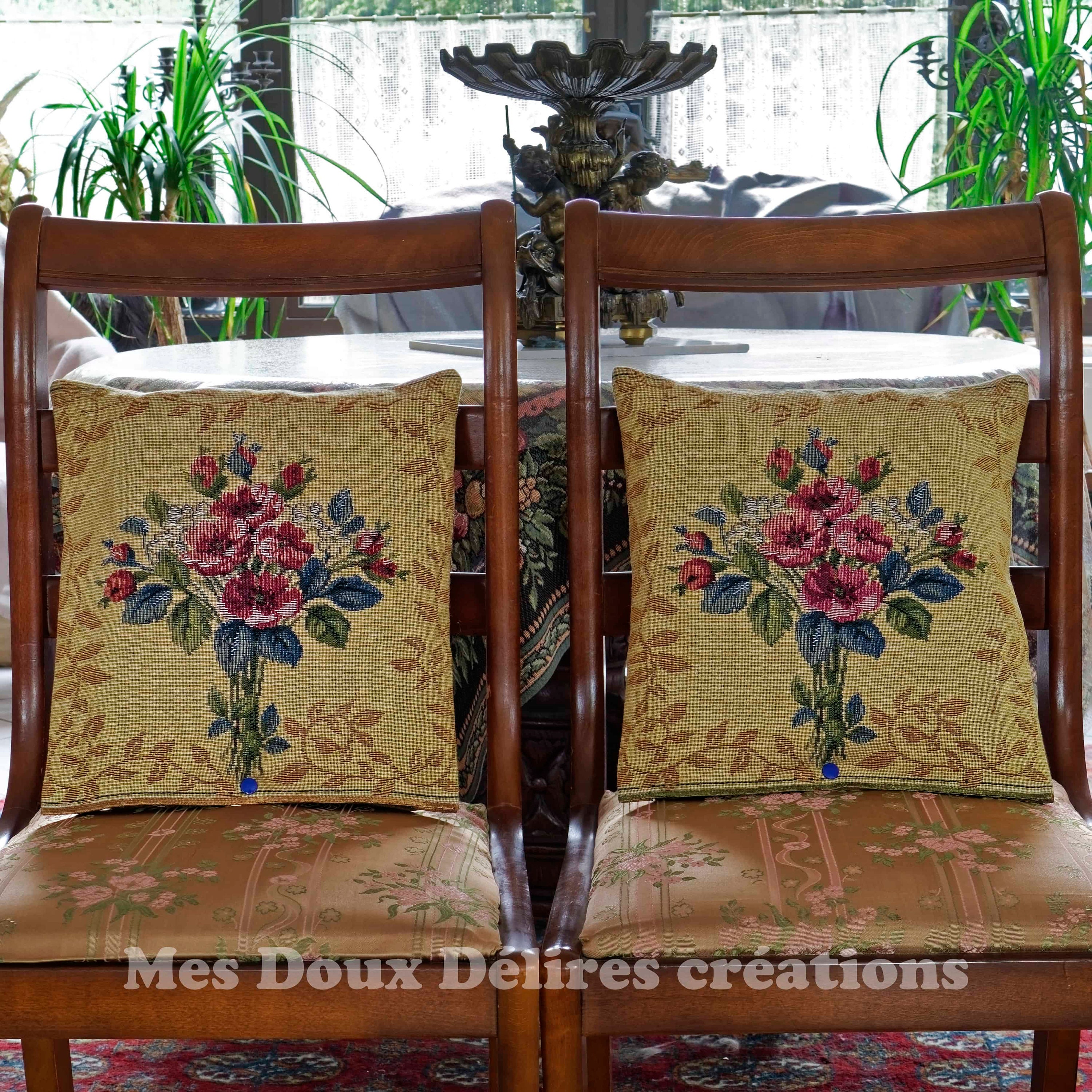 Coussin Tapisserie Jacquard Housse, Motif Bouquet Floral, Vintage, Coton, Dos Brocart de Velours, Ca