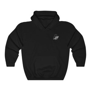May include: Black hooded sweatshirt with a white embroidered lion zodiac symbol on the front.