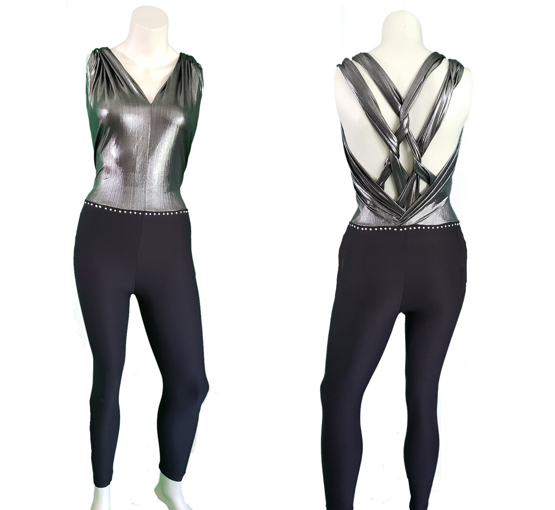 SILVER Metallic Rave Outfit Catsuit Bachata Dancewear Jumpsuit Festival