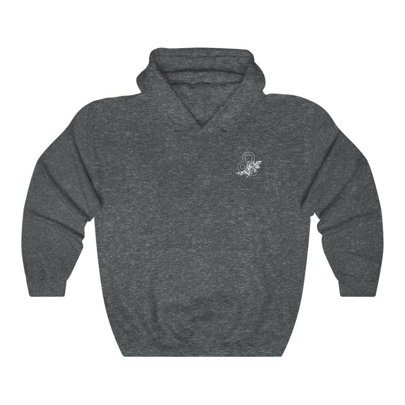 May include: A dark gray hooded sweatshirt with a white embroidered zodiac symbol of a lion on the left chest.