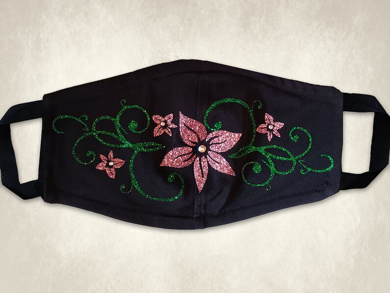 GLITTER FLOWER Face Mask Pink & Green Floral Glitter Face Mask With ...