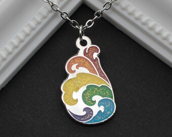 Pride Wave - Rainbow Glitter - LGBT Necklace - Enamel Pendant