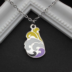 Puede incluir: Un collar de cadena de plata con un colgante con forma de ola estilizada. El colgante está pintado en tonos de amarillo, gris y morado.