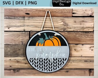 Hello Pumpkin SVG - Fall Door Hanger Svg | DFX | PNG - Fall Decor - Round Sign - Laser File