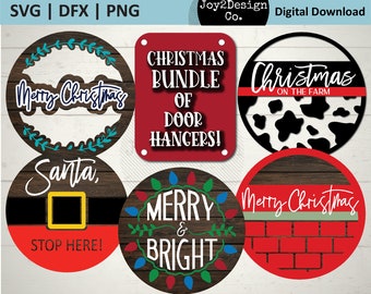 May include: A set of six Christmas door hangers. The hangers are round and feature various Christmas themes, including a wreath, Santa, a cow, a brick wall, and a string of lights. The text on the hangers includes "Merry Christmas", "Santa, Stop Here!" "Christmas on the Farm", "Merry Christmas", and "Merry & Bright".