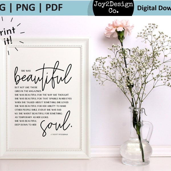 She was Beautiful Printable | PDF | JPEG | PNG | Girl Quote | F. Scott Fitzgerald Quote