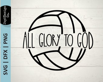 Peut inclure: Conception graphique en noir et blanc d'un ballon de volley-ball avec le texte "All Glory to God" écrit au milieu.