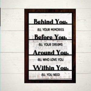 Puede incluir: Un letrero de madera enmarcado con el texto "Behind You, all your memories. Before You, all your dreams. Around You, all who love you. Within You, all you need." El letrero tiene un fondo blanco y un marco marrón oscuro.