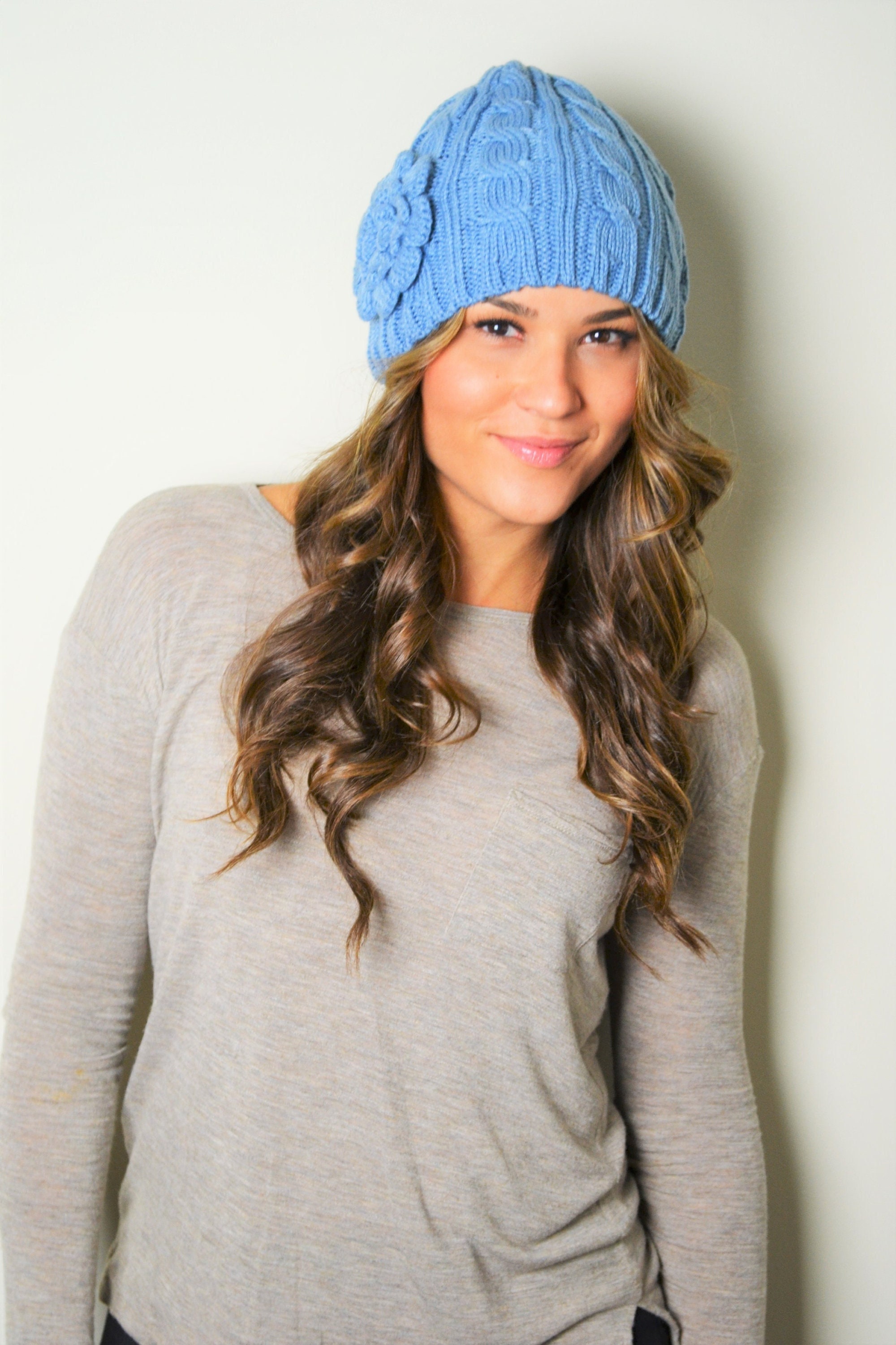 Knit Crochet Beanie Hat Light Blue 