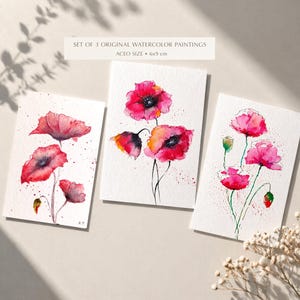 Set of 3 Original Watercolor Poppies ACEO Paintings, Miniature Floral Art (6x9 cm)