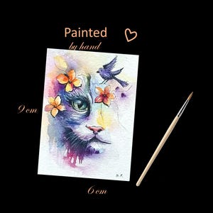 Original Tiny Watercolor Cat ACEO Card, Miniature Animal Painting, Small Collectable Art