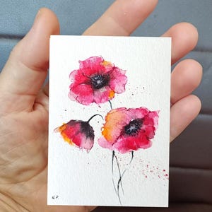 Original Tiny Watercolor Poppies ACEO Card, Miniature Floral Painting, Small Flowers Collectable Art