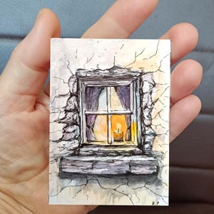 Original Tiny Watercolor Candle ACEO Card, Miniature Cityscape Original Painting, Small Collectable Art