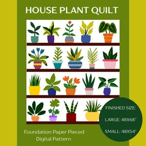 Puede incluir: Un patrón digital para un edredón de plantas de interior. El diseño presenta una cuadrícula de varias plantas en macetas en colores vibrantes. Los tamaños terminados son 122x173cm (grande) y 122x137cm (pequeño). El texto "HOUSE PLANT QUILT" está en la parte superior.