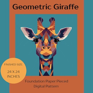 Puede incluir: Patrón digital de jirafa geométrica. La imagen presenta una cabeza de jirafa geométrica sobre un fondo turquesa con un borde naranja. La jirafa está compuesta por formas geométricas en naranja, morado y azul. El tamaño final es de 61 x 61 cm.