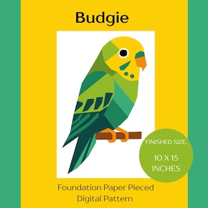 Puede incluir: Ilustración geométrica de un periquito en tonos verdes y amarillos, posado en una rama marrón. La imagen incluye el texto "Budgie" en la parte superior y "Finished Size: 25 x 38 cm" en un círculo verde.