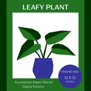Puede incluir: Patrón digital para un diseño de planta de hojas con base de papel. La imagen presenta una planta verde estilizada en una maceta azul, con el texto "LEAFY PLANT" en la parte superior. El tamaño final es de 30,48 x 30,48 cm.