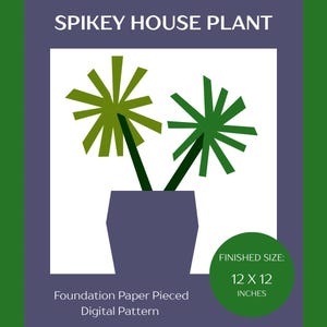 May include: A digital pattern for a spiky house plant. The image features a stylized green plant in a dark blue pot. The text at the top reads "SPIKEY HOUSE PLANT". The finished size is 12 x 12 inches.