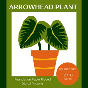 Puede incluir: Un patrón digital que presenta una planta de punta de flecha en una maceta de terracota. La planta tiene hojas verdes con detalles amarillos. La maceta es naranja con rayas amarillas. El tamaño final es de 30,48 x 30,48 cm. El texto dice "ARROWHEAD PLANT".