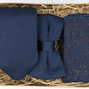 BIG MIKE: Mens Tie, Wedding Dress, Groomsmen Gift, Husband Gift, Gift for Boyfriend, Knitted Navy Tie, Knitted Bow Tie, Groomsmen Gift Set,