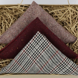 Horatio Louis & James: Dogtooth tweed wine handkerchief, mauve pocket square,  handmade gift, gift for dad handkerchief sets