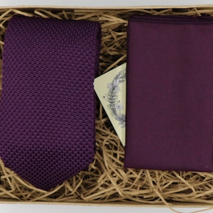 JEZ & MAT: Knitted Necktie, knitted tie,  Purple Tie, Vintage handkerchief, Mens Tie Ties for Men, Handmade Tie, Purple Pocket Square