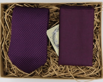 JEZ & MAT: Knitted Necktie, knitted tie,  Purple Tie, Vintage handkerchief, Mens Tie Ties for Men, Handmade Tie, Purple Pocket Square