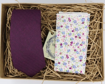 MAT & NAD: Purple Mens Ties for Men Wedding Tie Groomsmen Tie Gift Set Wedding Gifts for Men Purple Skinny Tie Floral Pocket Square