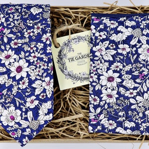 DIANA: Mens Ties, Tie Gift Set, Floral Tie, Floral Pocket Square, Wedding Ties, Ties for Men,Blue Skinny Tie, Gifts for Groomsmen,