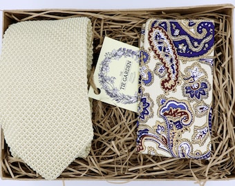 Corbata de punto color champán y pañuelo de bolsillo con estampado de cachemira: corbata de boda vintage