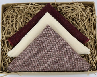 James Kit & Louis: Mauve tweed pocket square, ivory pocket square burgundy tweed pocket square handmade gift, gift for dad handkerchief sets