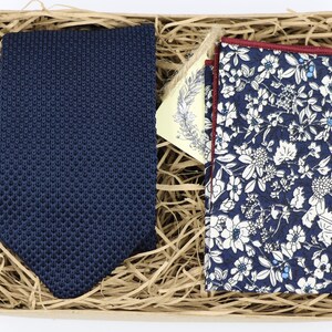 MIKE & DARCEY Wedding Tie Mens Ties for Men Grooms Tie Knitted Necktie Floral Pocket Square Navy Tie Knitted Tie Mens Tie Groomsmen Gift Set