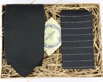 Conjunto de corbata y pañuelo de bolsillo de punto negro para hombre: corbata fina, regalo para padrinos de boda