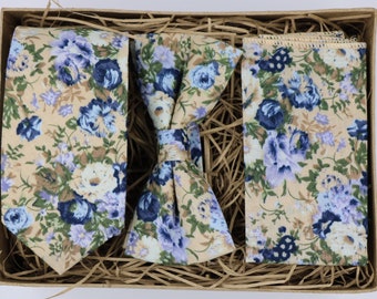 ELOISE: Skinny Floral Tie, Gifts For Men, Floral Pocket Square, Wedding Bow Tie Groomsmen Gift, Beige Tie, Wedding Attire, Mens Ties