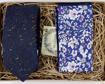 WILL & DI: Navy Tie Wool Tie Floral Pocket Square Wedding Dress Groomsmen Gifts for Men Wedding Attire Tweed Ties for Men Floral Ties
