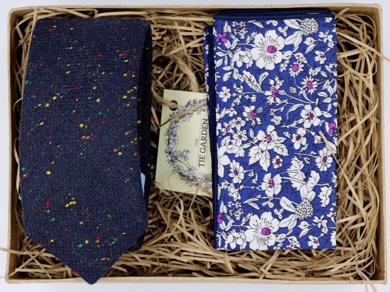 WILL /& DI Navy Tie Wool Tie Floral Pocket Square Wedding Dress Groomsmen Gifts for Men Wedding Attire Tweed Ties for Men Floral Ties