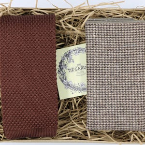 FIFI & HARRISON - Knitted Necktie Wool Pocket Square, Knitted Brown Tie, Wedding necktie, Skinny Tie, Slim Tie, Groomsmen, Ties for Men, Tie