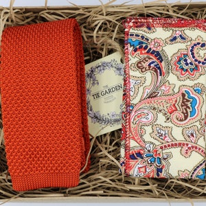 ZSA & MARLEY - Knitted Necktie, Pocket Square, Orange Knitted Tie, Wedding Tie, Ties for Men, Groomsmen, Paisley Pocket Square