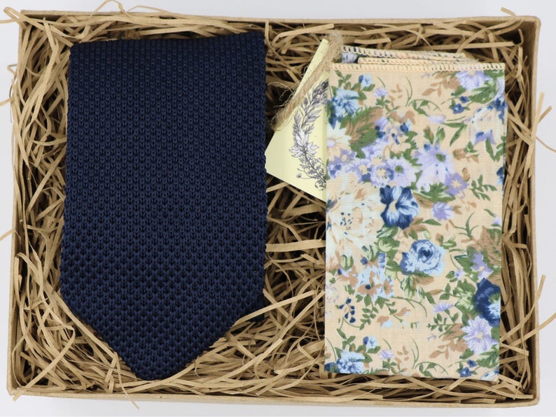 MIKE /& ELOISE: Wedding Tie Floral Pocket Square Knitted Tie Mens Tie Knitted Necktie Ties for Men Pocket Square Grooms Tie Navy Tie