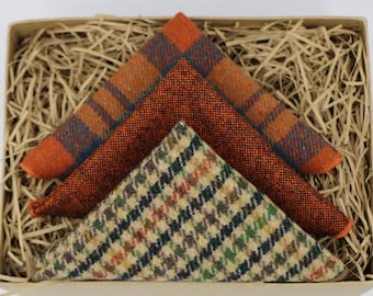 Alf Russ & Bo: Wool pocket square rust handkerchief, burnt orange tweed handmade gift, gift for dad handkerchief sets