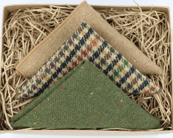 George Alf & Andy: Tweed handkerchiefs, green pocket square beige pocket square, handmade gift, gift for dad handkerchief sets