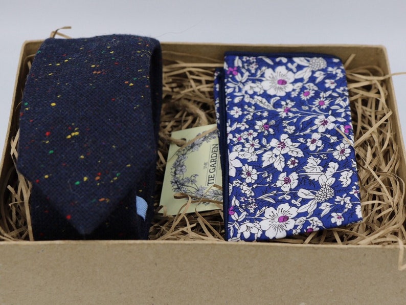 WILL /& DI Navy Tie Wool Tie Floral Pocket Square Wedding Dress Groomsmen Gifts for Men Wedding Attire Tweed Ties for Men Floral Ties